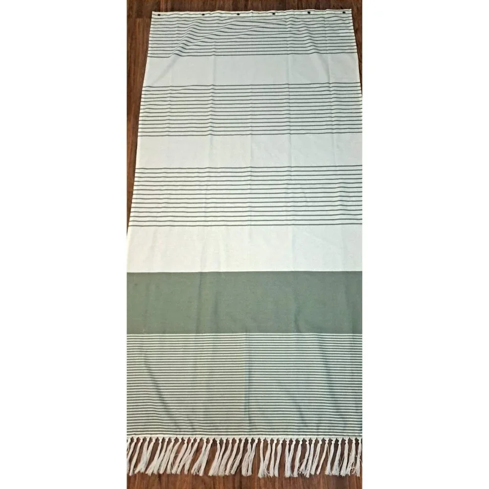 Fabric Curtain Green White Stripe W Tassels Shower Only Boho Cottage 36x72